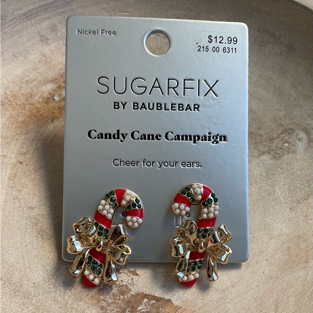 SugarFix Baublebar Candy Cane with Gold Bow Earrings NEW